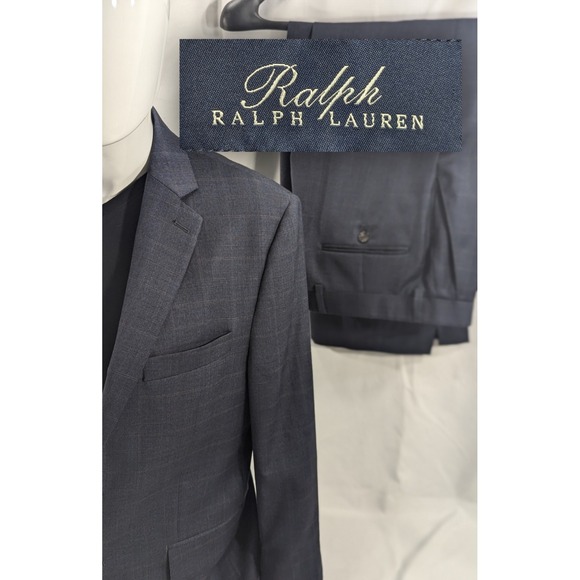 New No Tags Ralph Lauren 100% Wool 2 Piece Suit 40S 32x26 Blue Graph Check EUC